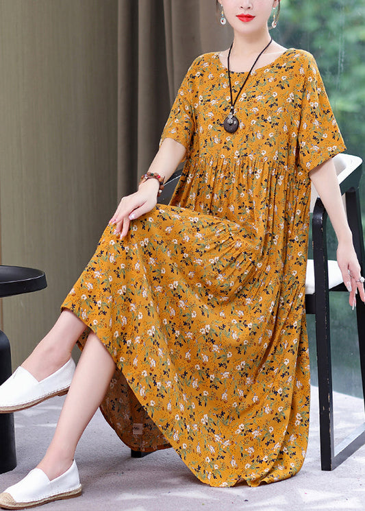 Style Yellow O-neck Print Wrinkled Long Dress Summer