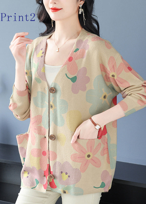 V Neck Print Pockets Woolen Cardigans Spring