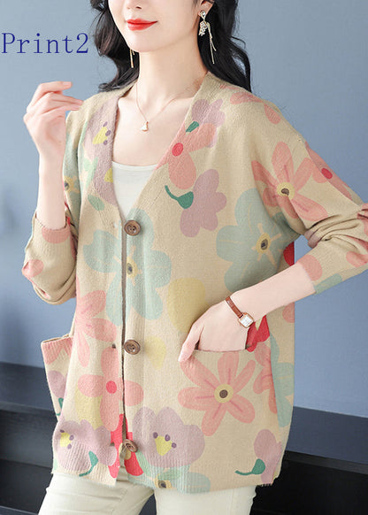 V Neck Print Pockets Woolen Cardigans Spring