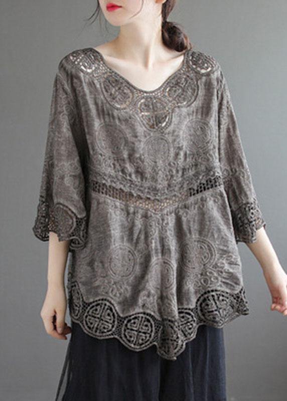 Stylish Khaki O-neck Embroidered Summer Asymmetrical Design Top