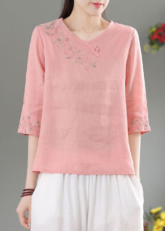 Modern Pink O-neck Side Open Linen Top Three Quarter Sleeve