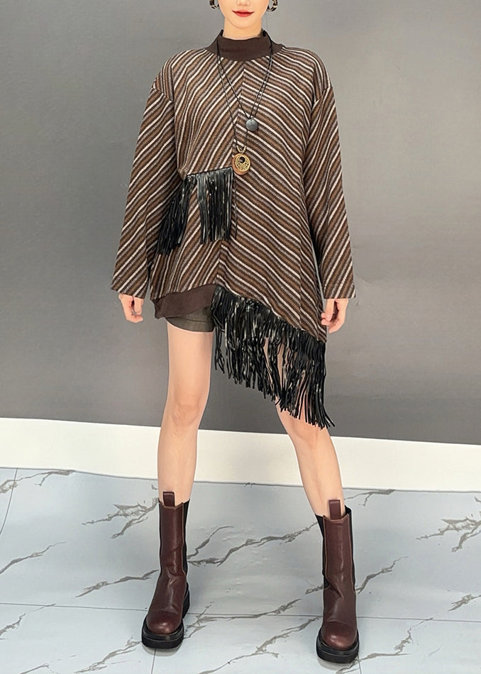 Brown O-neck Asymmetrical Tassel Wool Knit Long Sweater Dress Winter