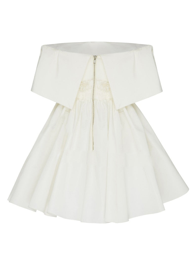 French White Slash Neck Cotton Mid Dress Summer