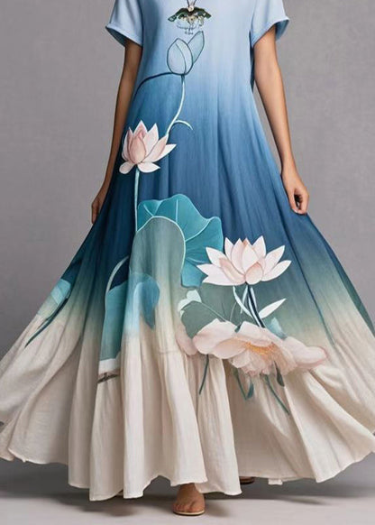 Gradient Blue Lotus Print Exra Large Hem Cotton Dress Summer