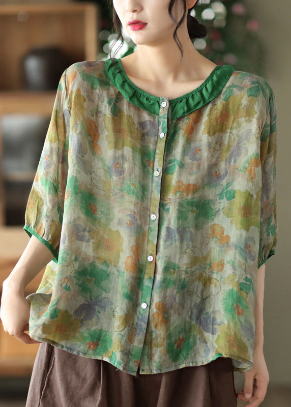 Green Ruffled Print Ramie Top Half Sleeve