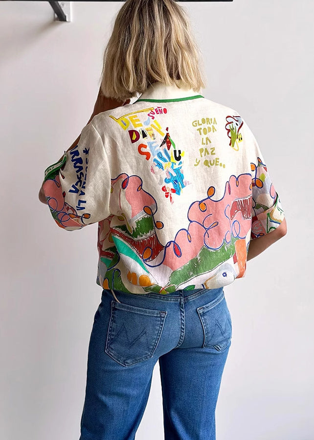 Peter Pan Collar Graphic Print Linen Shirts Top Summer