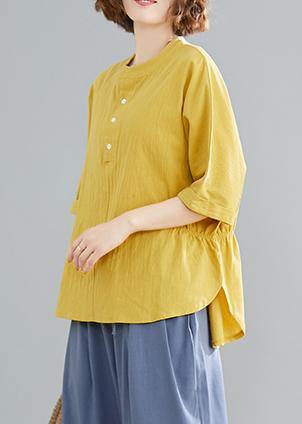 French Yellow Linen Cotton Linen Tops Blouses Cotton Button Down Elastic Waist Blouse