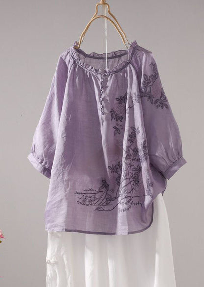 Purple Embroidered Patchwork Linen T Shirt Top Summer