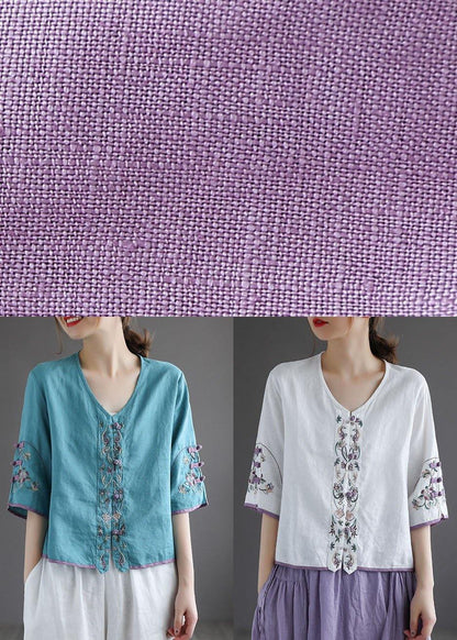 Diy White Button Embroidered Summer Linen Half Sleeve Shirt Top