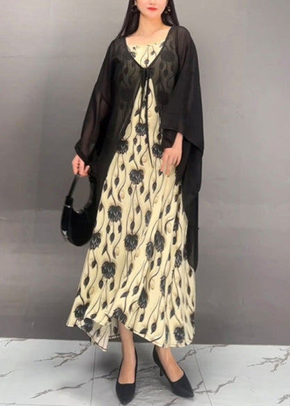 French Black Print Cardigans and Maxi Dress Two Pieces Set Fall
