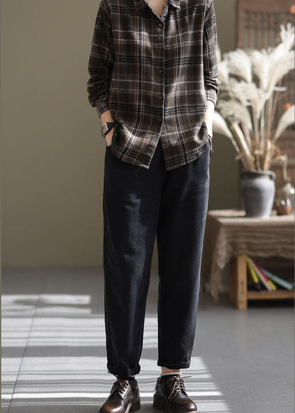 Black Cotton Denim Pants Button Cinched Spring