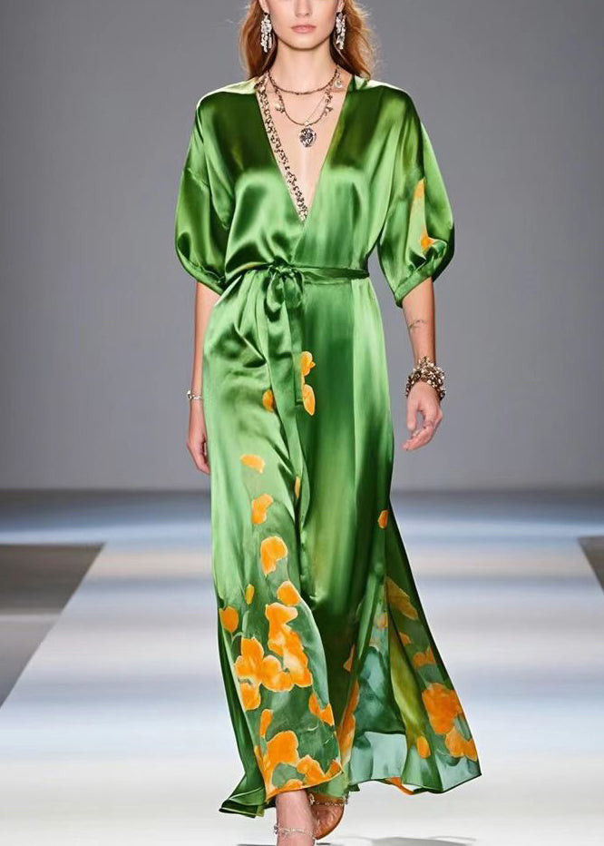 Tea Green Cinched Print Silk Party Dress Summer