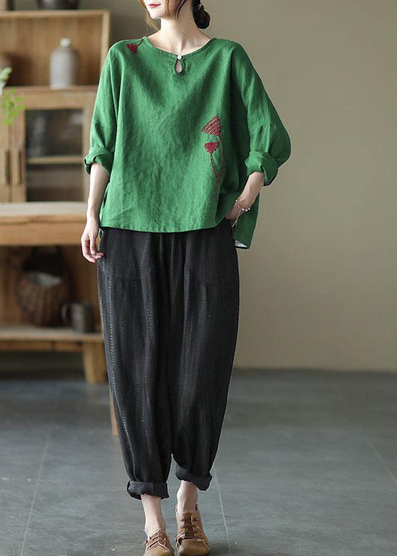 Green Loose Embroidered Fall Linen Shirt Tops Long Sleeve