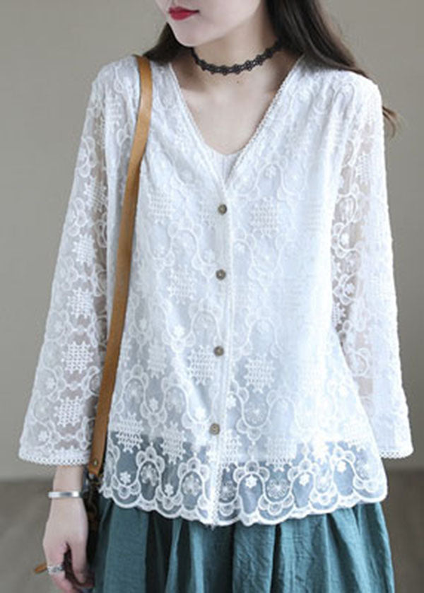 White V Neck Cotton Upf 50+ Cardigans Long Sleeve