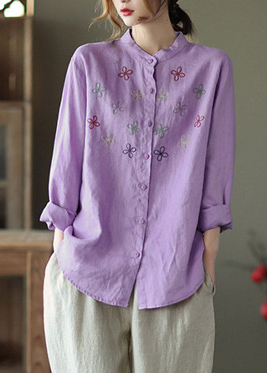 Purple Stand Collar Embroidered Linen Shirt Long Sleeve