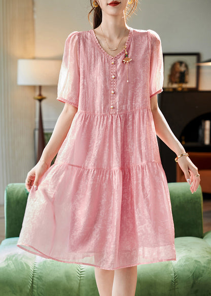 Pink V Neck Lace Patchwork Chiffon Long Dresses Short Sleeve