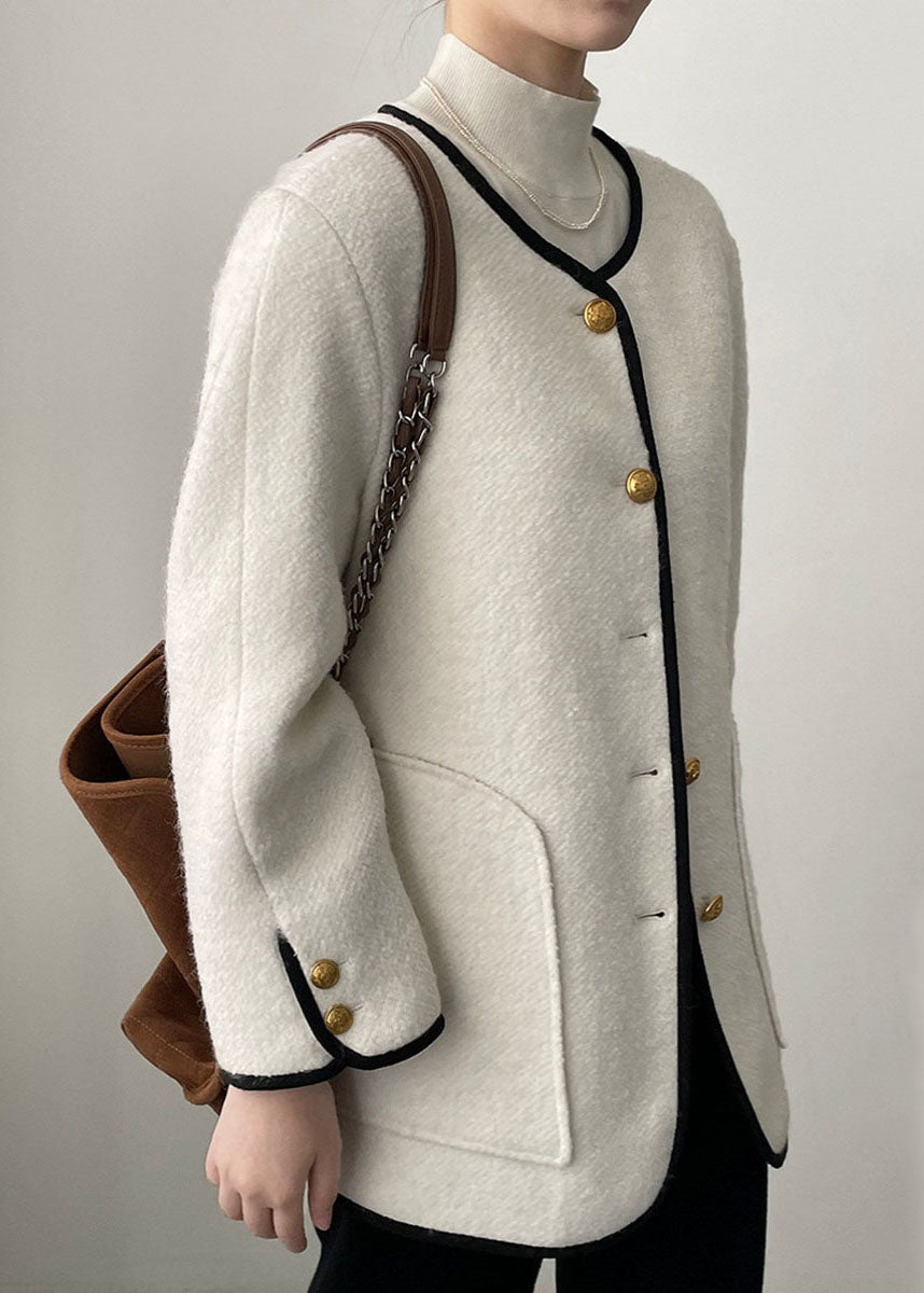 White Pockets Patchwork Woolen Coat Long Sleeve