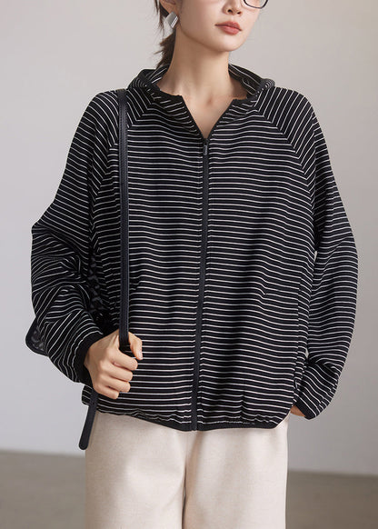 Striped Hooded Zippered Pockets Cotton Coat Spring
