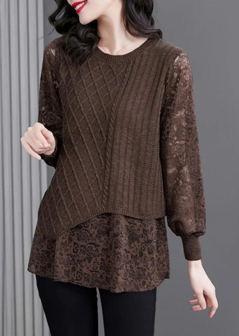 Coffee O-neck Knit Patchwork Fake Two Pieces Top Fall