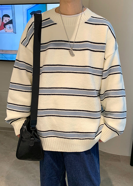 French White Striped Cozy Knit Sweaters Winter