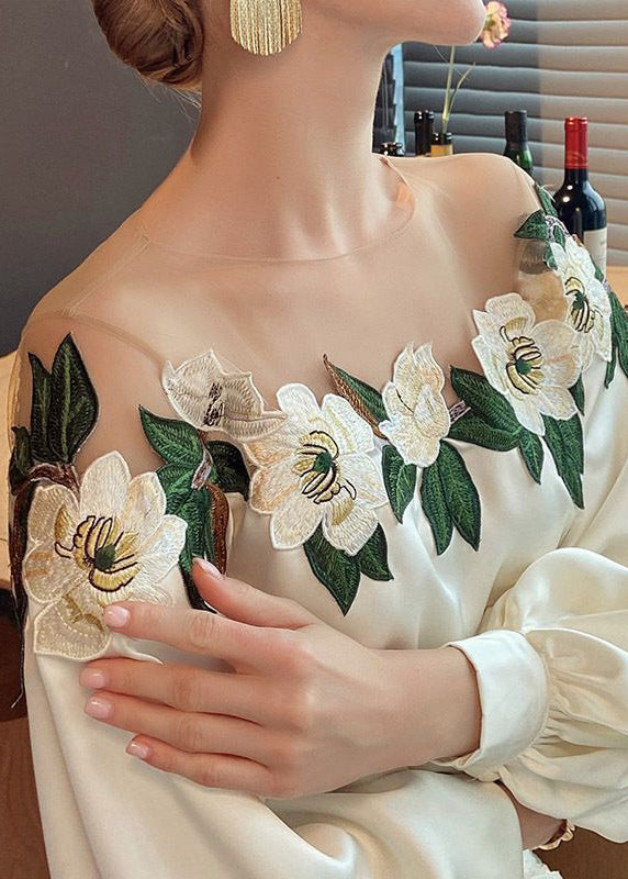 Fine Beige Embroidered Tulle Patchwork Silk Shirt Tops Spring