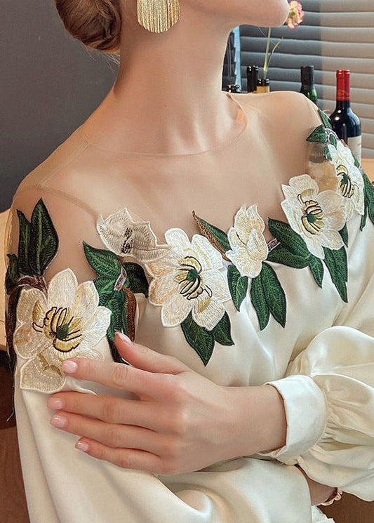 Fine Beige Embroidered Tulle Patchwork Silk Shirt Tops Spring