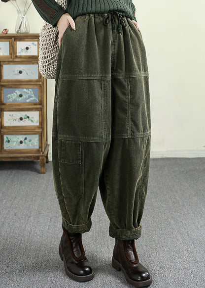 Green Pockets Elastic Waist Corduroy Warm Fleece Pants Winter