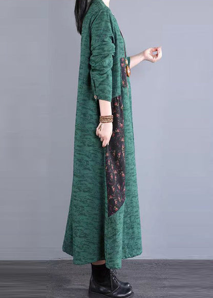 Green Stand Collar Patchwork Cotton Long Dresses Fall
