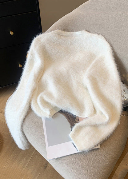 White O-neck Mink Hair Knitted Sweaters Winter