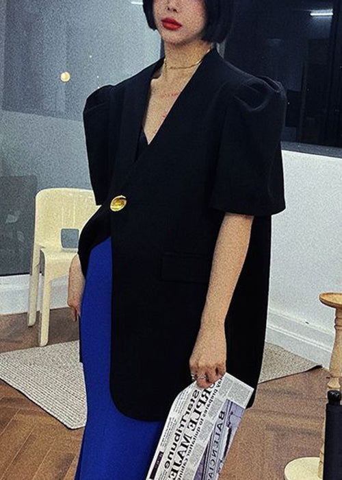 New Blue V Neck Button Spandex Coats Puff Sleeve