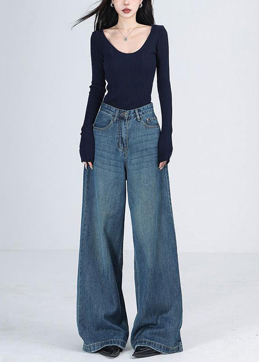 Blue Pockets High Waist Denim Wide Leg Pants Winter