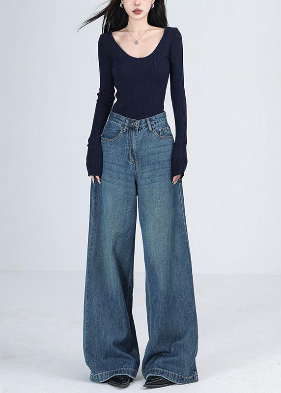Blue Pockets High Waist Denim Wide Leg Pants Winter