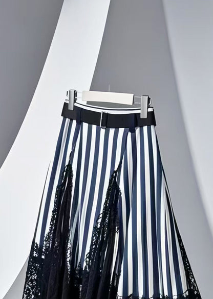 Modern Navy Striped Patchwork Lace Skirt Summer