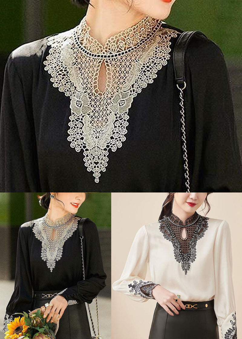Black Stand Collar Embroidered Hollow Out Chiffon Blouse Tops Long Sleeve
