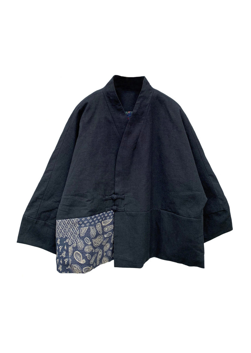 Black V Neck Pockets Patchwork Fine Cotton Filled Coat Batwing Sleeve