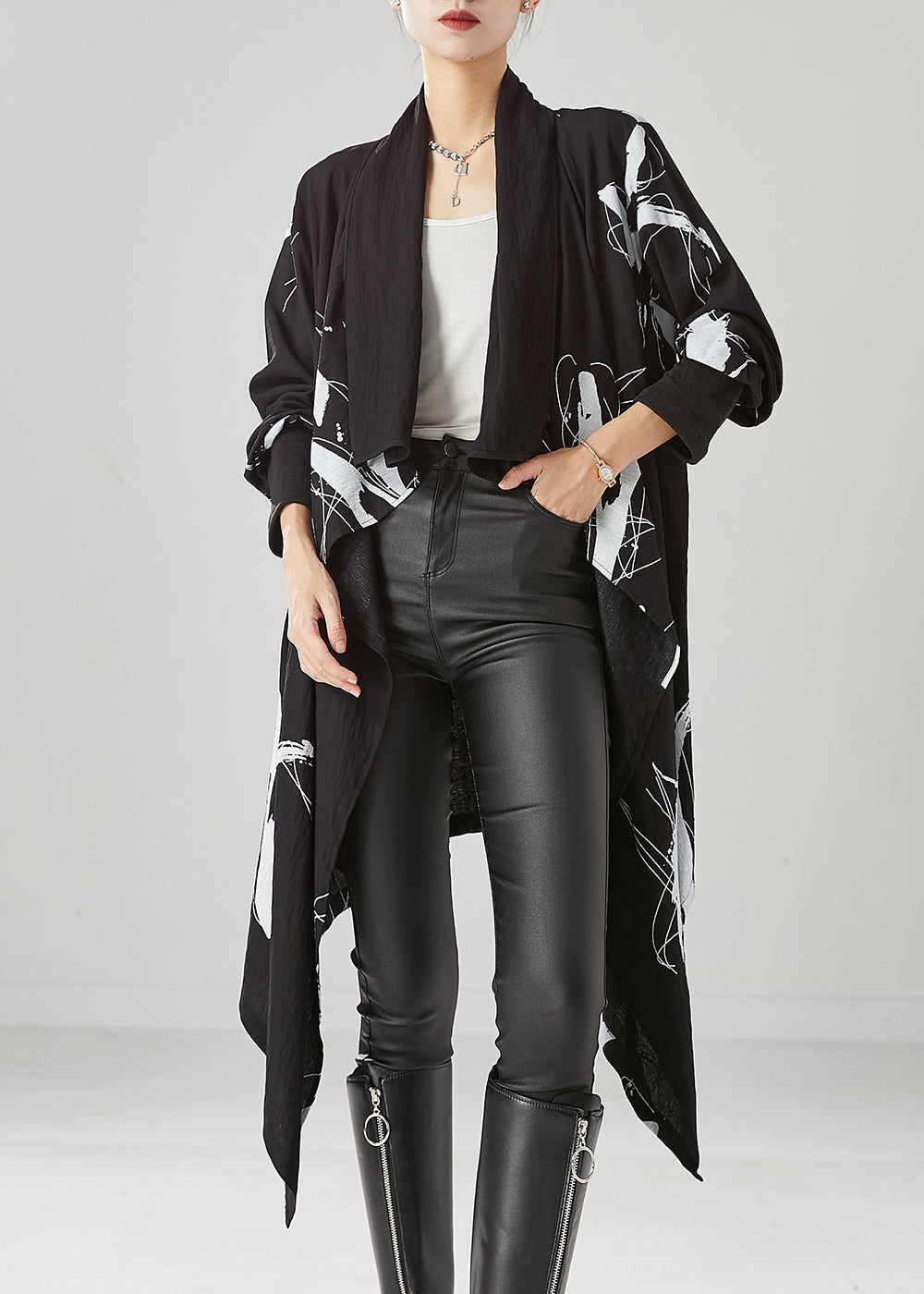 Diy Black Asymmetrical Print Cotton Cardigans Fall