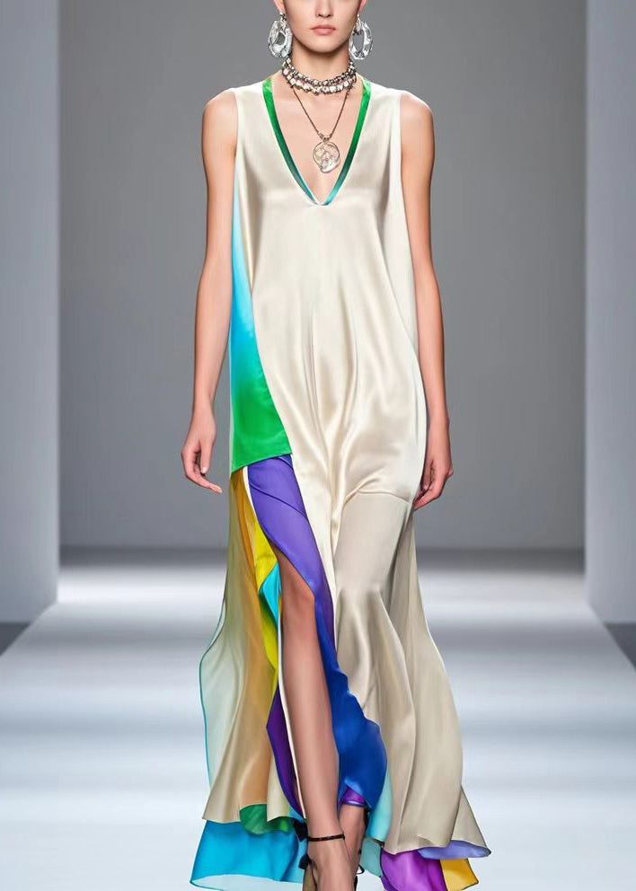 White Asymmetrical Patchwork Silk Vacation Dresses Sleeveless