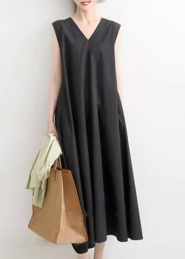 Organic Black V Neck Exra Large Hem Cotton Long Dress Sleeveless