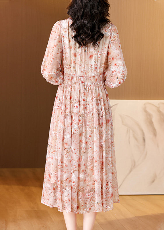 Pink V Neck Embroidered Wrinkled Silk Dress Summer
