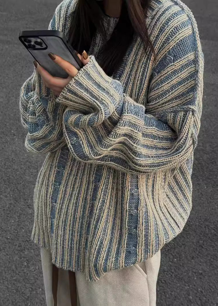 Boutique Blue O Neck Thick Striped Knit Sweaters Fall