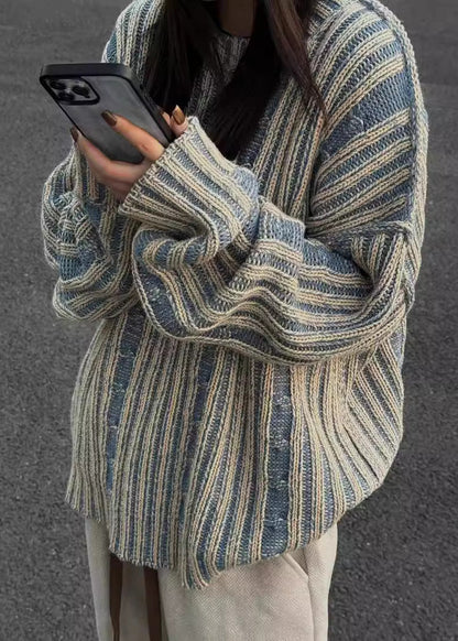 Boutique Blue O Neck Thick Striped Knit Sweaters Fall