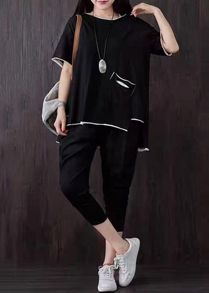 Black Pockets Patchwork Tops and Pants Cotton Two Piece Suit Set Summer