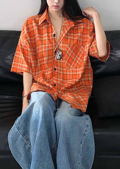 Orange Oversized Plaid Cotton Top Summer