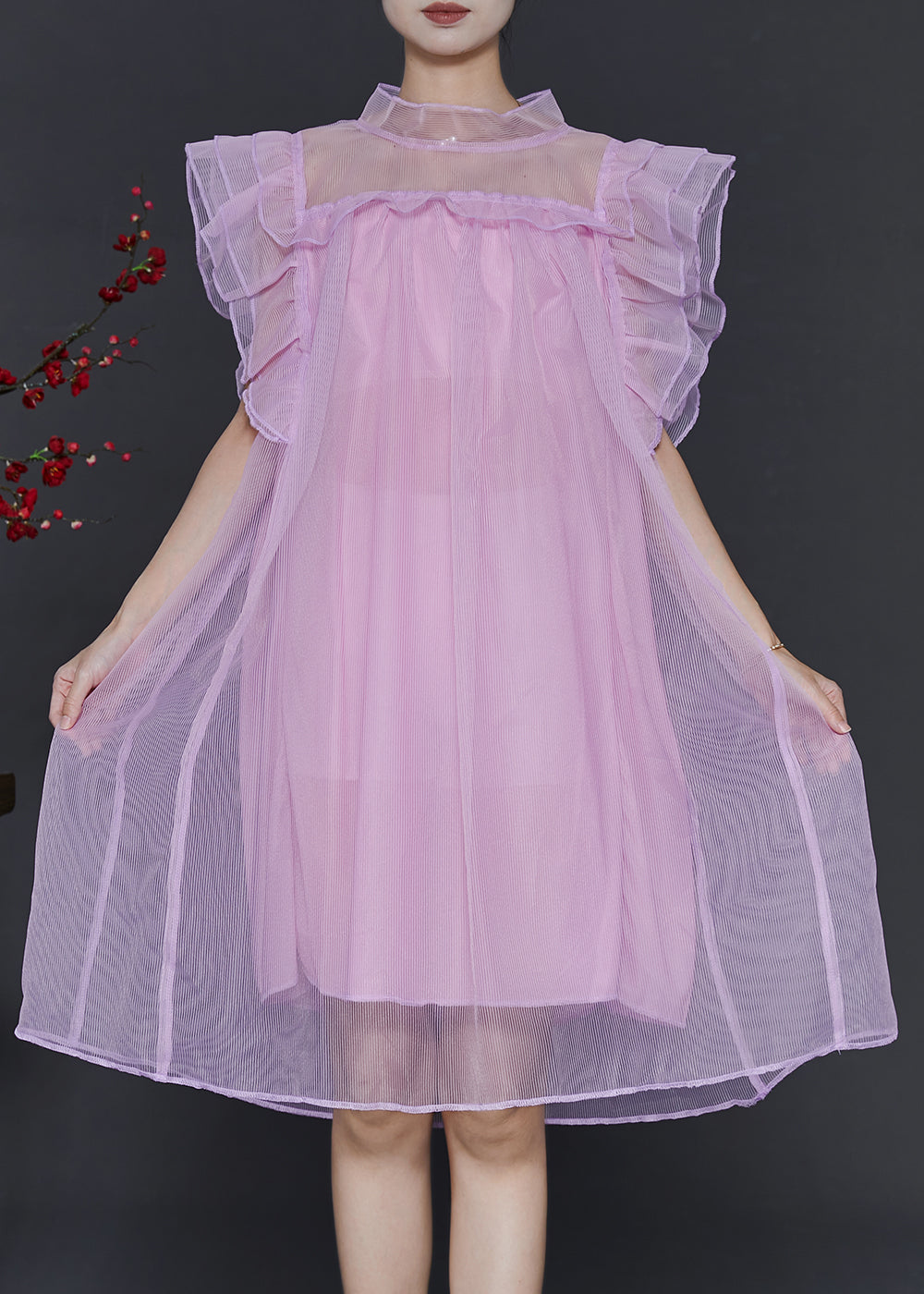 Pink Oversized Tulle Vacation Dress Butterfly Sleeve