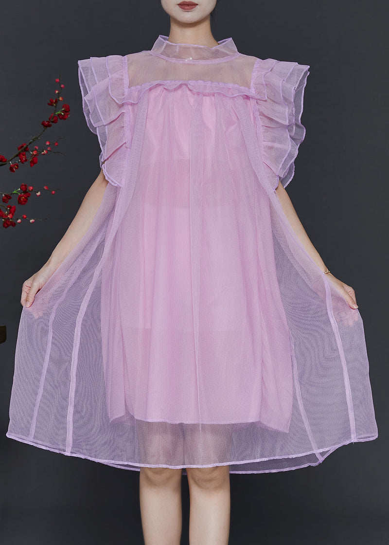 Pink Oversized Tulle Vacation Dress Butterfly Sleeve