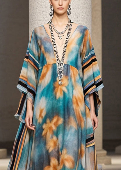 Unique Blue Oversized Print Chiffon Maxi Dresses Batwing Sleeve