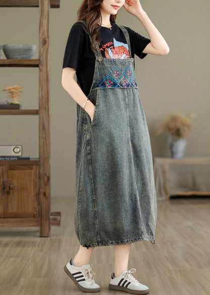 Grey Pockets Patchwork Drawstring Denim Maxi Dresses Summer