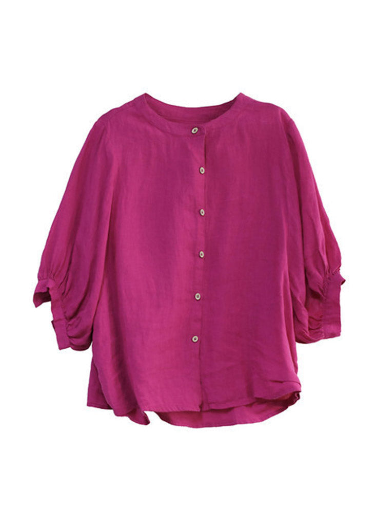 Loose Yellow O-neck Button Linen Shirts Half Sleeve