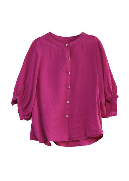 Loose Yellow O-neck Button Linen Shirts Half Sleeve