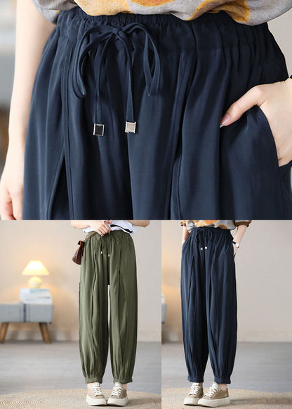 Army Green Silk Crop Pants Elastic Waist Wrinkled Fall